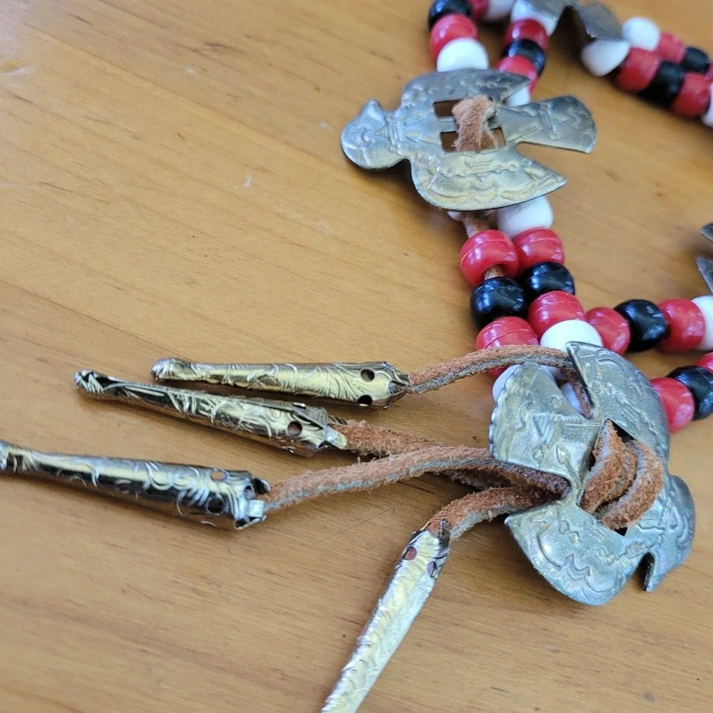 Tribal Southwestern Multi Strand Bracelet Red Black White Beads Bird Plaques 40g